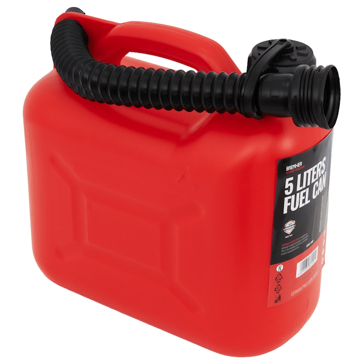 Canistra Plastic Cu Palnie, Hermetic, Capacitate 5 L, 250x130x250 mm, Material Polietilen, Aprobat Ue, Maner Ergonomic, Pentru Depozitarea Si Transportul Combustibililor, Uleiurilor, Lichidelor De Intretinere Si Apei, Rosu