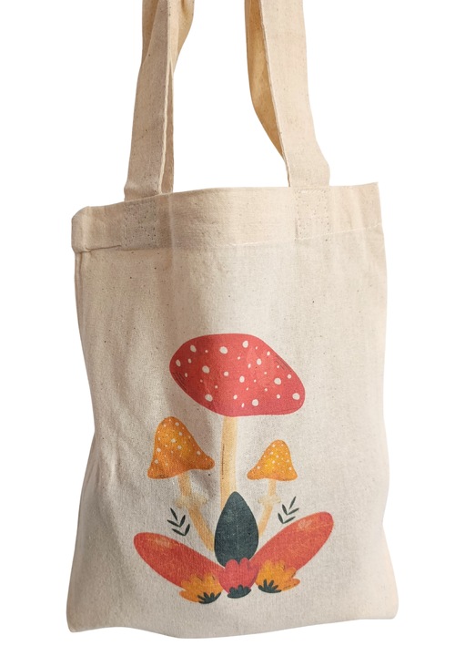 Set 5 sacose din bumbac ecologic, ciuperci, cu maner scurt 30 x 27 cm