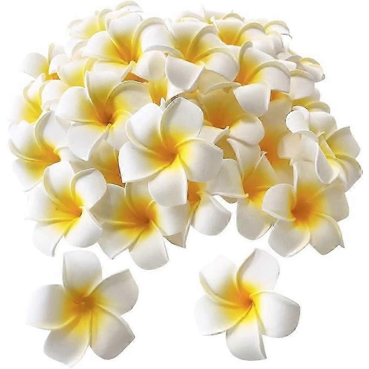 Комплект от 100 изкуствени венчелистчета от цветя Plumeria, бяло с жълто, 5 см