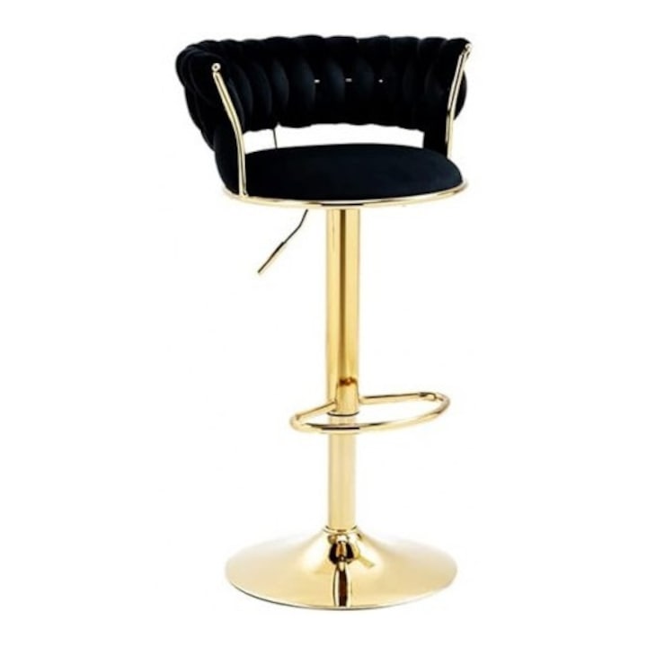 Scaun de bar modern, reglabil si rotativ, cu cadru auriu si tapiterie negru din velvet
