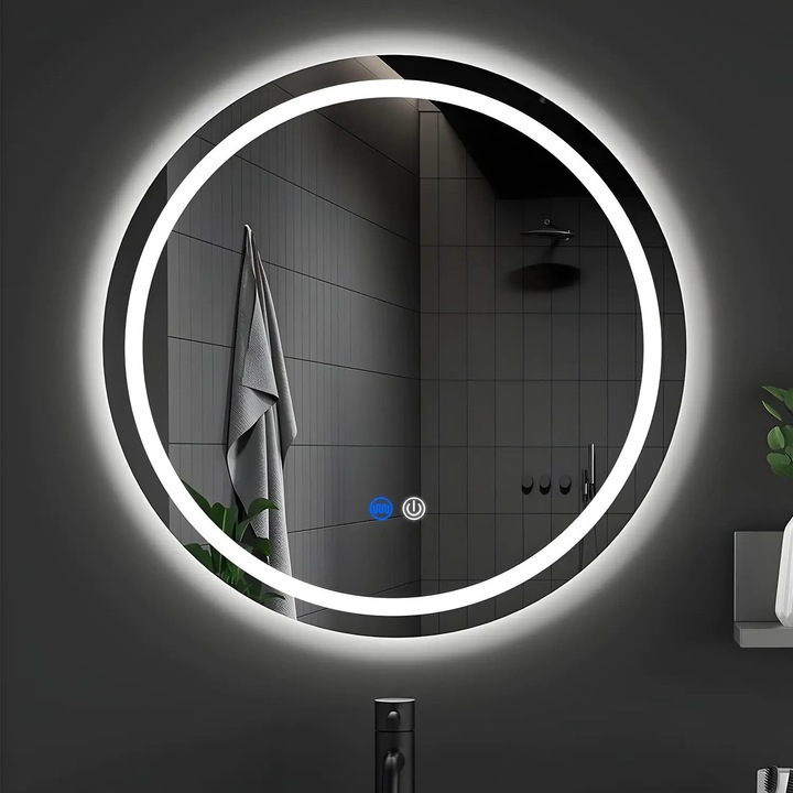 Oglinda de Perete Elindor® Rotunda, Antiaburire, fara Rama, Ideala pentru Baie, Iluminare Led, Reglaj Intensitate, Buton ON/OFF Luminat si Noaptea, Rezistenta la Umiditate IP44, 60 x 60 cm