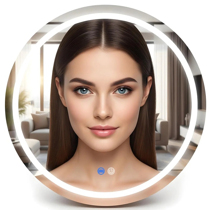 Oglinda de Perete Elindor® Rotunda, Antiaburire, fara Rama, Ideala pentru Baie, Iluminare Led, Reglaj Intensitate, Buton ON/OFF Luminat si Noaptea, Rezistenta la Umiditate IP44, 50 x 50 cm