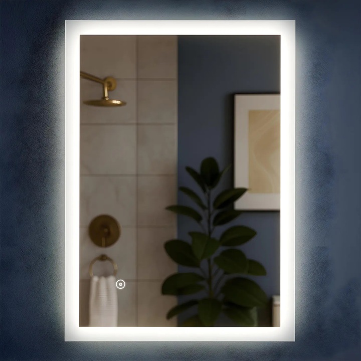 Oglinda de Perete Elindor® Antiaburire, Dreptunghiulara, Montare pe Orizontala, fara Rama, Ideala pentru Baie, Iluminare Led, Buton ON/OFF Luminat si Noaptea, Rezistenta la Umiditate IP44, 60 x 80 cm