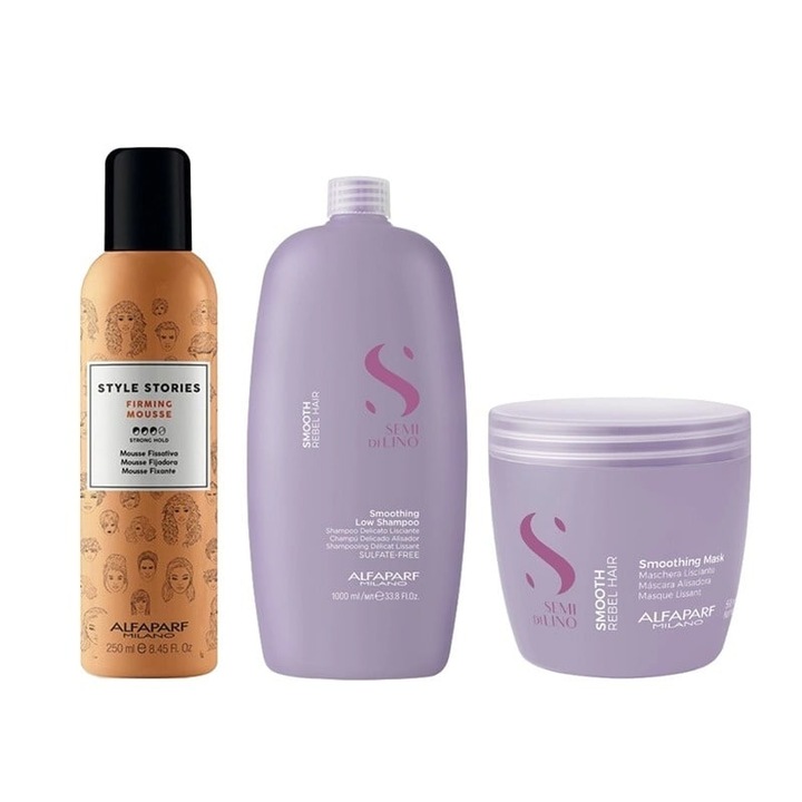 Set pentru netezire Alfaparf Milano Semi Di Lino Smoothing Sampon 1000 ml + Masca 500 ml + Spuma Style Stories Firming 250 ml