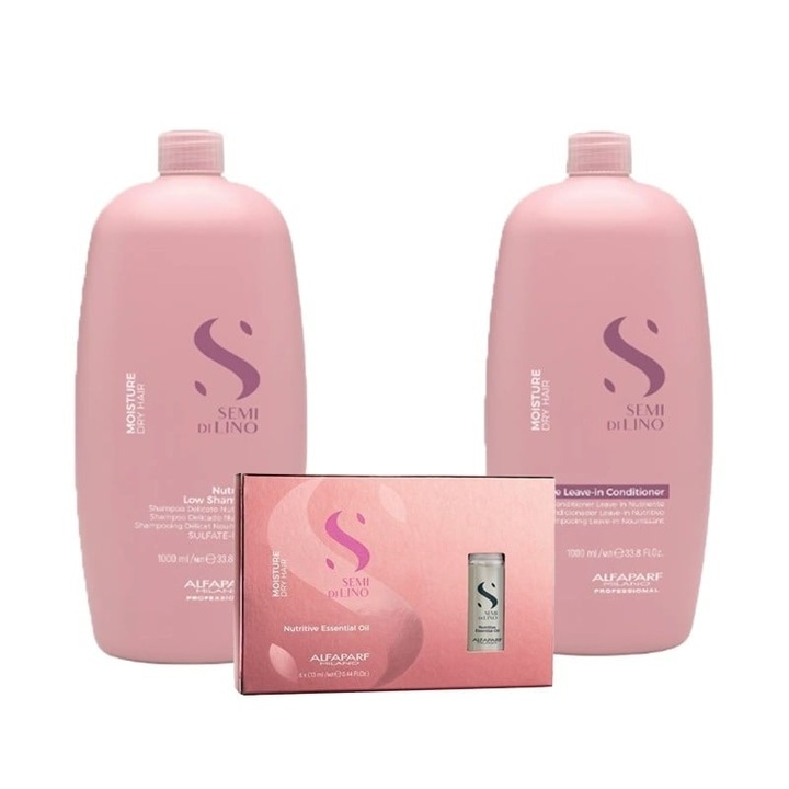 Pachet Alfaparf Semi di Lino Moisture Nutritive – Sampon, 1000 ml + Balsam, 1000 ml + Ulei Nutritive Essential Oil 6 x 13 ml