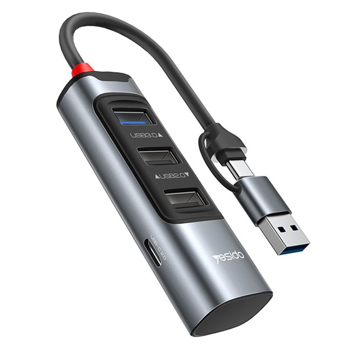 Hub Multiport, USB, Type-C to 3x USB, USB-C, 5Gbps - Yesido (HB19) - Gray