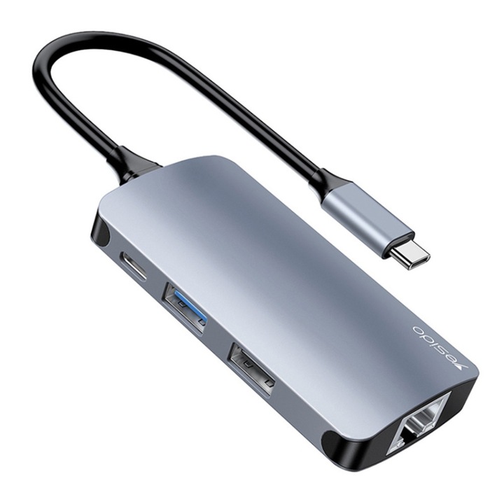 Hub dokkolóállomás (HB15) Type C-ről 2x USB-re, USB C-re, SD/TF kártyára, RJ45-re, 1000Mbps, Plug & Play Gri