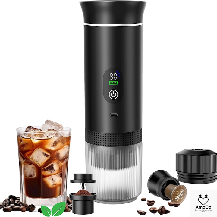 Espressor Portabil Electric AmoCo® 3in1, Afisaj LED, Compatibil Dolce Gusto, Nespresso, Cafea Macinata, Capacitate 80 ml, Incarcare USB Type-C, Negru