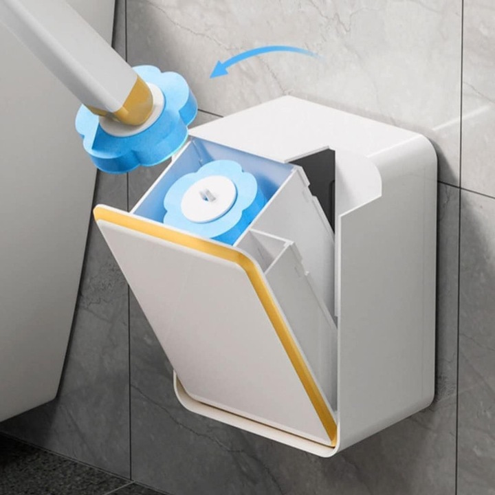Perie de toaleta de unica folosinta cu 18 capete de rezerve, Set complet cu suport, detergent integrat si montaj pe perete sau pe podea, Curatare igienica, rapida si fara murdarie