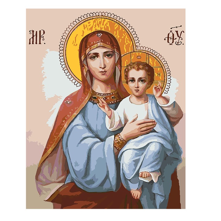 Set pictura pe numere Fecioara Maria 6010, panza bumbac pe rama lemn, 60x80 cm, tablou cu schita, 3 pensule si vopsea acrilica