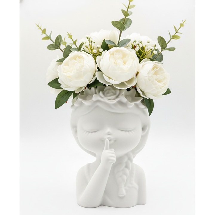 Декоративна ваза момиченце с цветя, 3D принтирана, бяла, 7.2 x 8 x 9.8 см, подарък, Поставка за изкуствени растения / сукуленти - малки размери