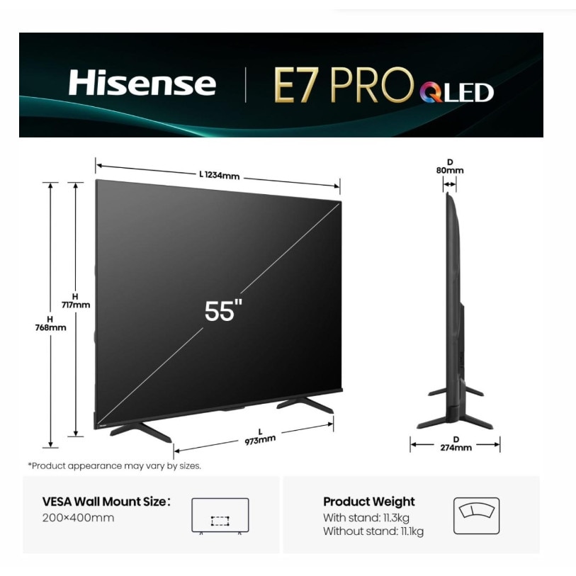 Televizor Hisense 55E7Q QLED Pro 139.7Cm 55inch 4K Ultra HD Smart Wi-Fi Negru