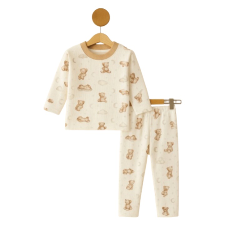 Pijama, pentru copii, Imprimata cu ursuleti, bej