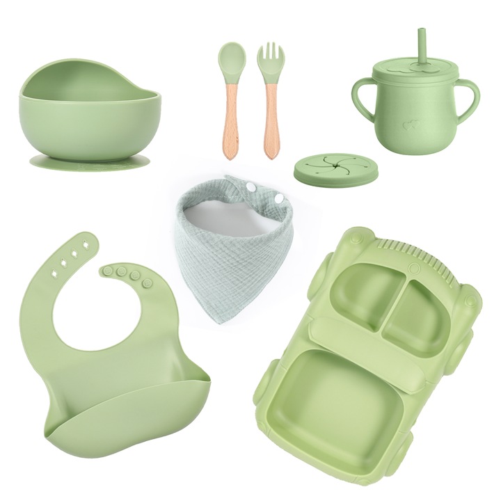 Set de hranire din silicon pentru bebelusi, 6 piese – baveta, bol cu ventuza, farfurie compartimentata tip masinuta, lingura si furculita, cana pentru gustari, fara alergeni, cu baveta din bumbac cadou, verde menta