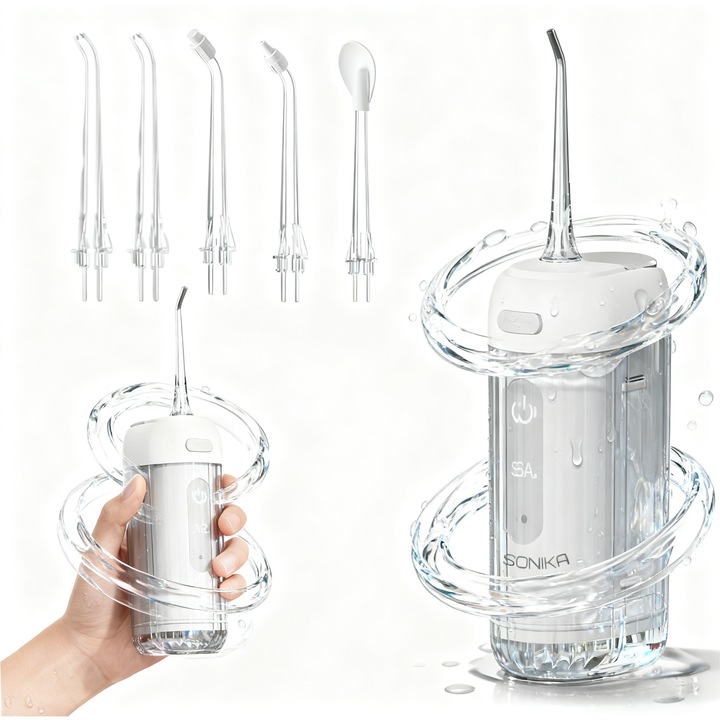 Irigator Bucal Professional, oein®, 5 duze accesorii, oglinda incorporata, mod DIY, 1400 pulsatii/min, reglaje multiple in moduri, protectie la supraincalzire, dimensiuni compacte potrivite pentru calatorii, acasa, copii