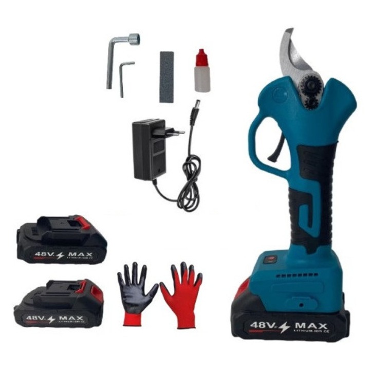 Електрически ножици за градинарство, 2 батерии 48V, острие от въглеродна стомана, батерия 9700mAh, безжични, предпазни ръкавици, включени аксесоари, сини, HAPPY JOKER®