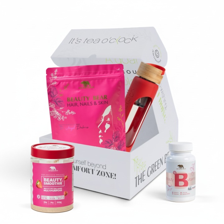 Cutie de lux cu suplimente pentru femei, The Green Bear, ceai Beauty Bear, Beauty Vitamins, 100% colagen, sticlă, 500 ml