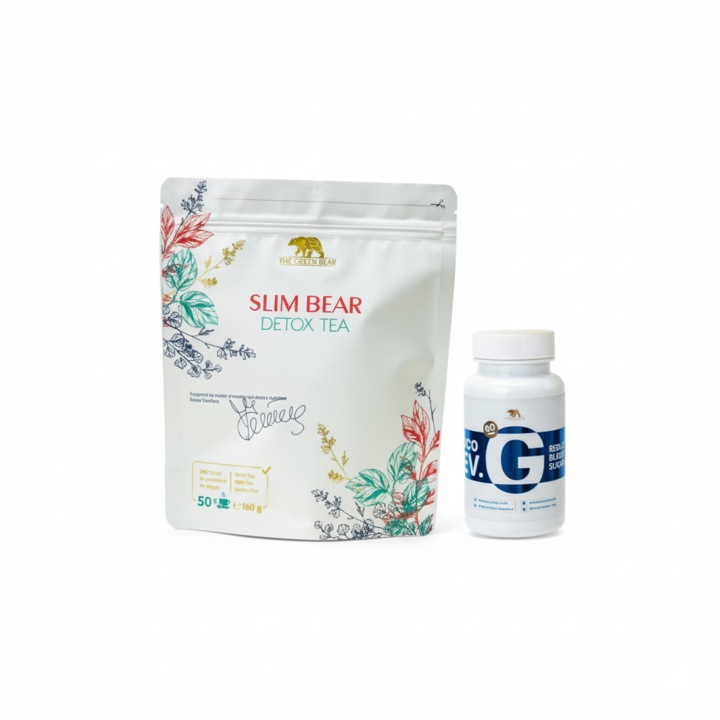 Set de detoxifiere The Green Bear Gluco Rev + Slim Bear, controlul apetitului, 30 capsule și 30 pliculețe de ceai