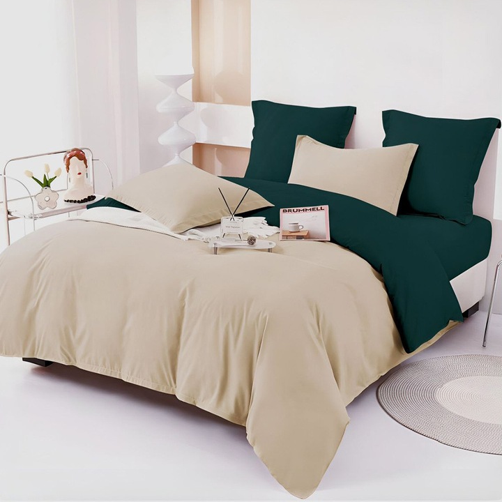 EmonaMall S18567 ágynemű, kétoldalas, 4 párnahuzat, 6 részes, bézs/sötétzöld