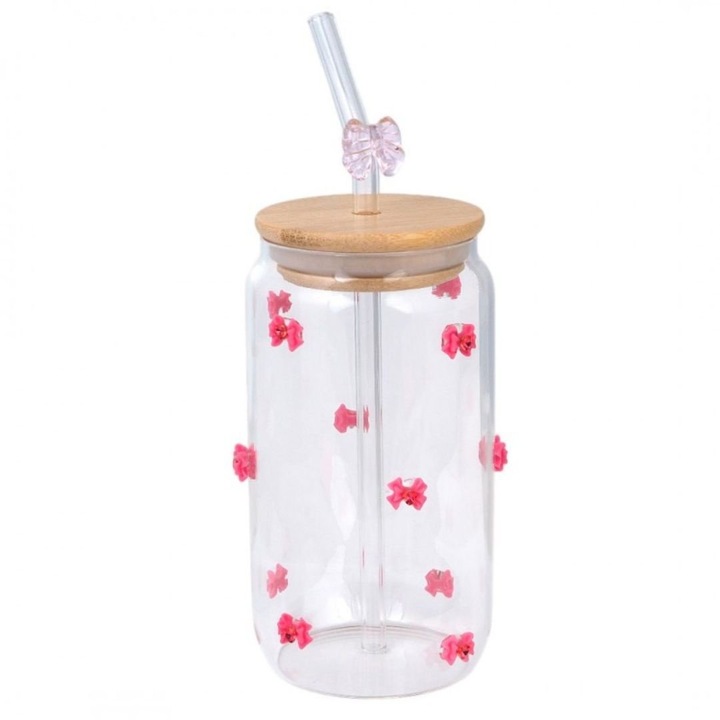 Pahar din sticla borosilicata, cu capac din bambus, pai si fundite, 460 ml, eCarla, SZK135
