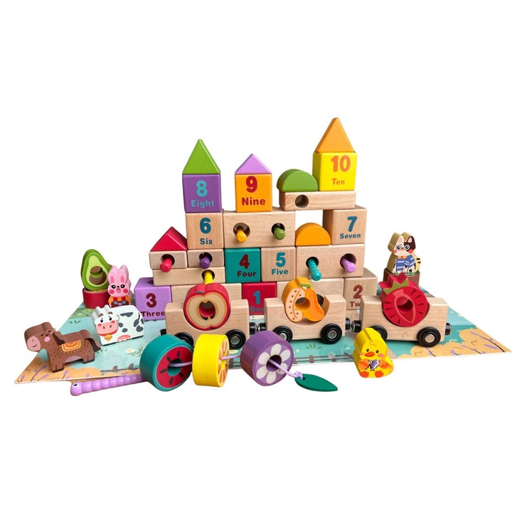 Joc educativ cuburi din lemn, vagoane magnetice, cifre, fructe si animale Farm Blocks