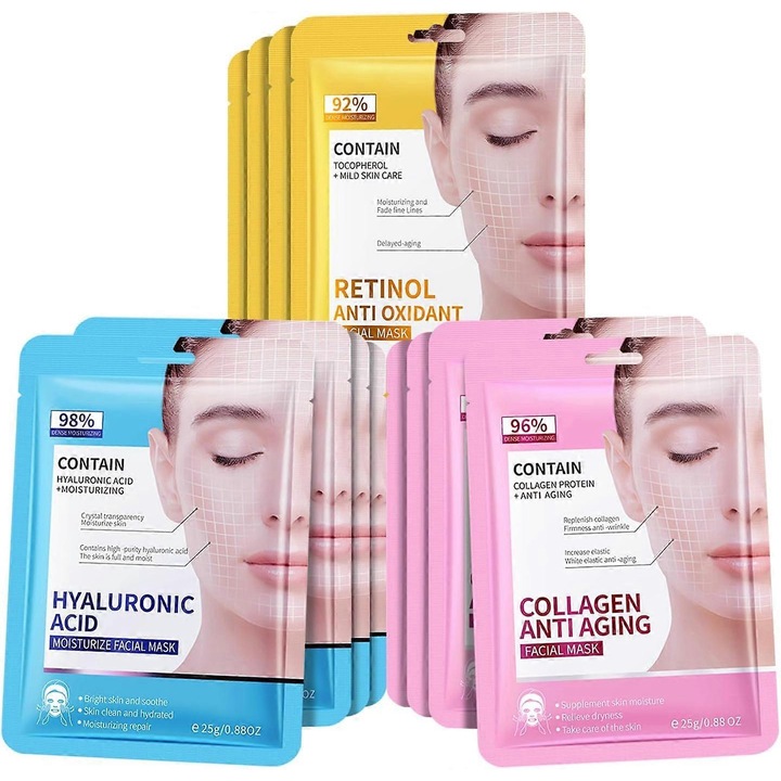 Set 12 Masti pentru Fata, Masti cu Colagen, Masti cu Retino, Masti cu Acid Hialuronic, Multicolor
