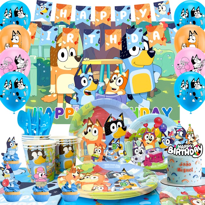 68pcs Set Decoratiuni Petrecere Aniversara Bluey, InBoxxarty, Vesela Petrecere Bluey Copii-Fata de Masa, Decorarea Tort, Banner, Balon, Farfurii, Servetele etc Accesorii Petrecere Bluey