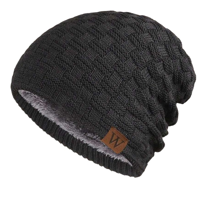 Caciula tricotata groasa imblanita pentru barbati, model casual rezistent la vant - Negru