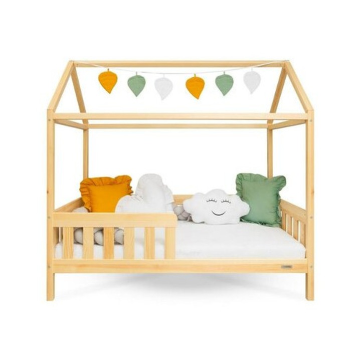 Patut tip casuta din lemn junior, 160x80 cm, Pana la 70 Kg, Cu bariera de protectie, Conform cu EN 716-1:2008, EN 716-2:2008, New Baby, Castello, Natur
