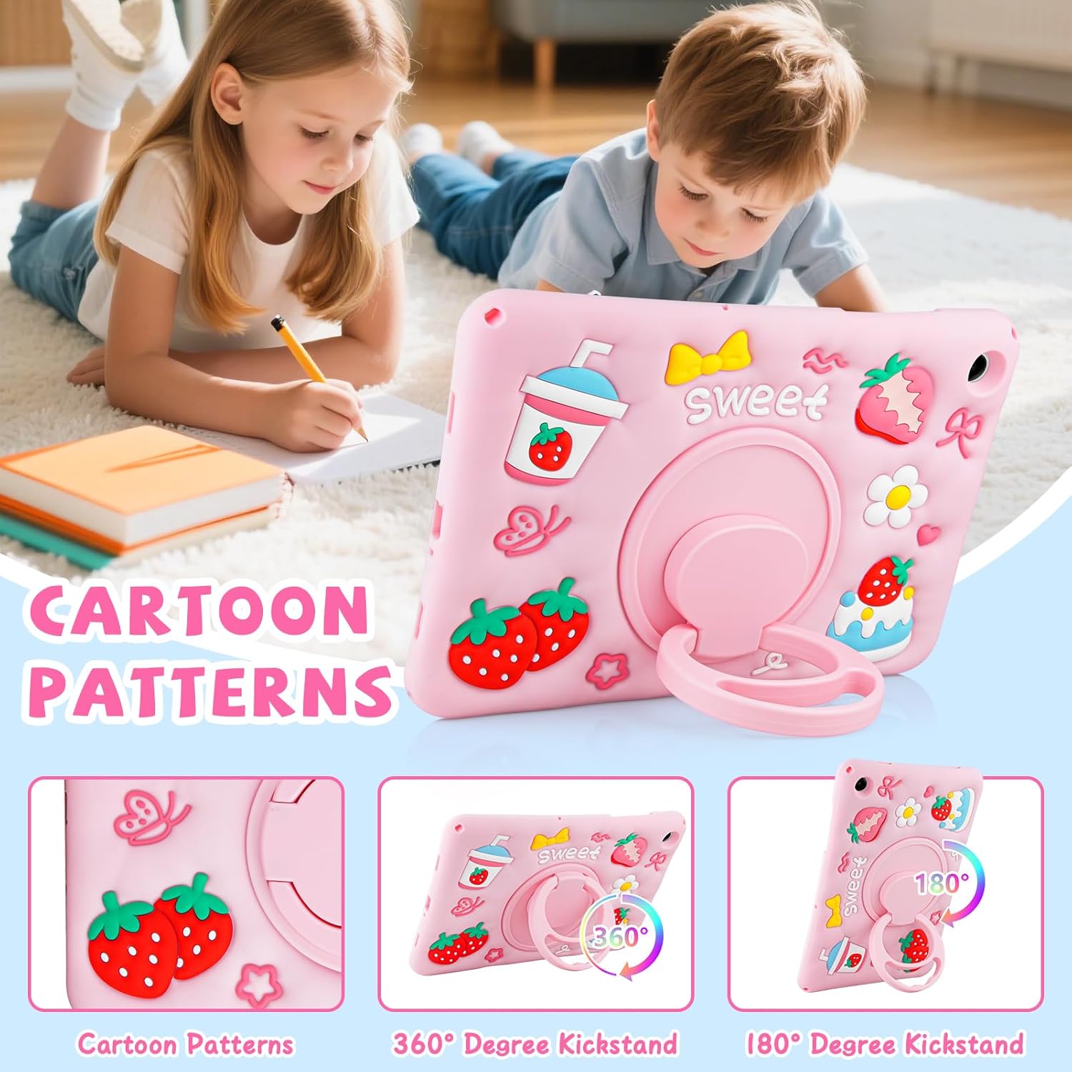Husa Coolden pentru Samsung Galaxy Tab A9 Plus 11", din silicon moale, design 3D dragut cu capsuni si iaurt, rezistenta la socuri, cu suport rotativ si curea de umar, roz – ideala pentru fete