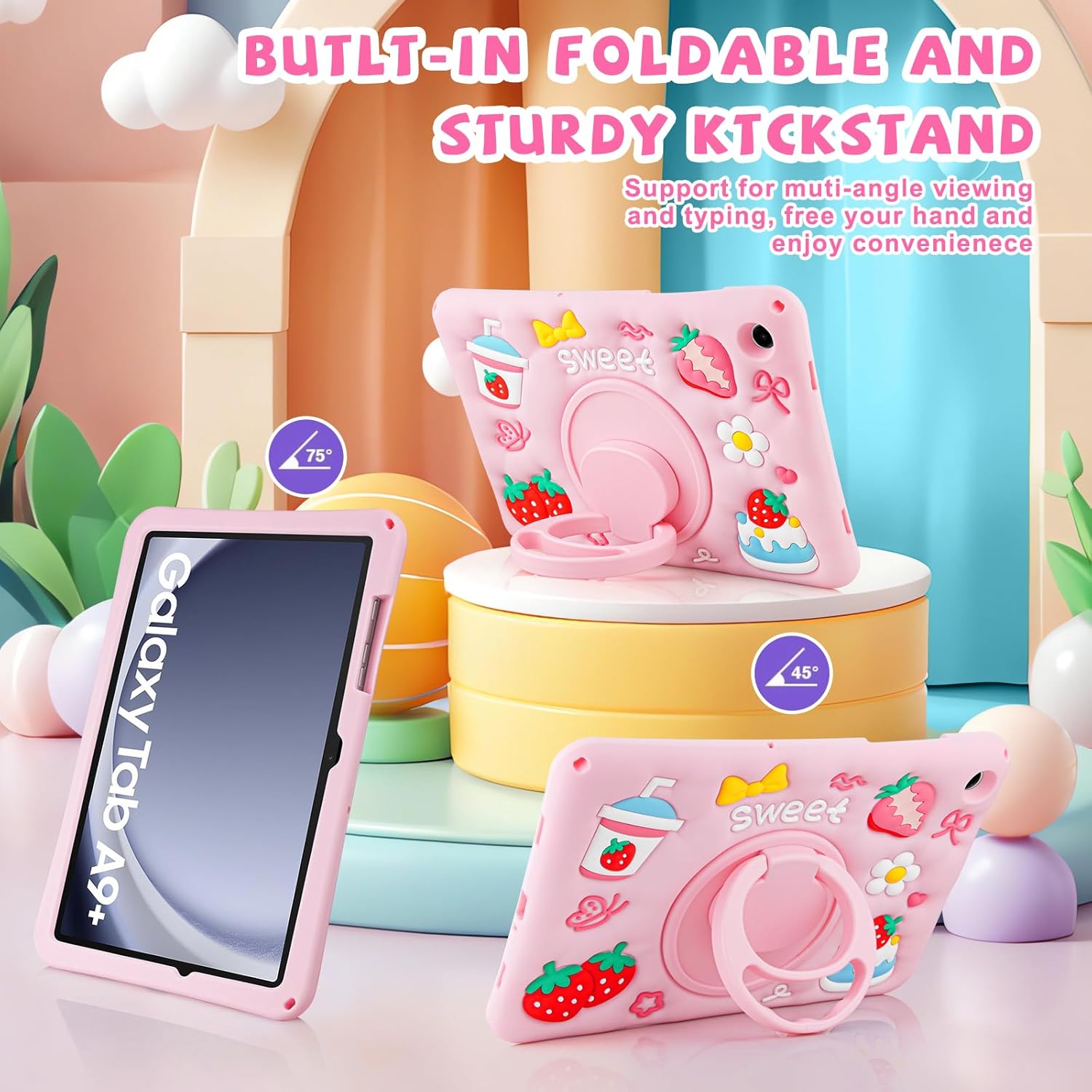 Husa Coolden pentru Samsung Galaxy Tab A9 Plus 11", din silicon moale, design 3D dragut cu capsuni si iaurt, rezistenta la socuri, cu suport rotativ si curea de umar, roz – ideala pentru fete