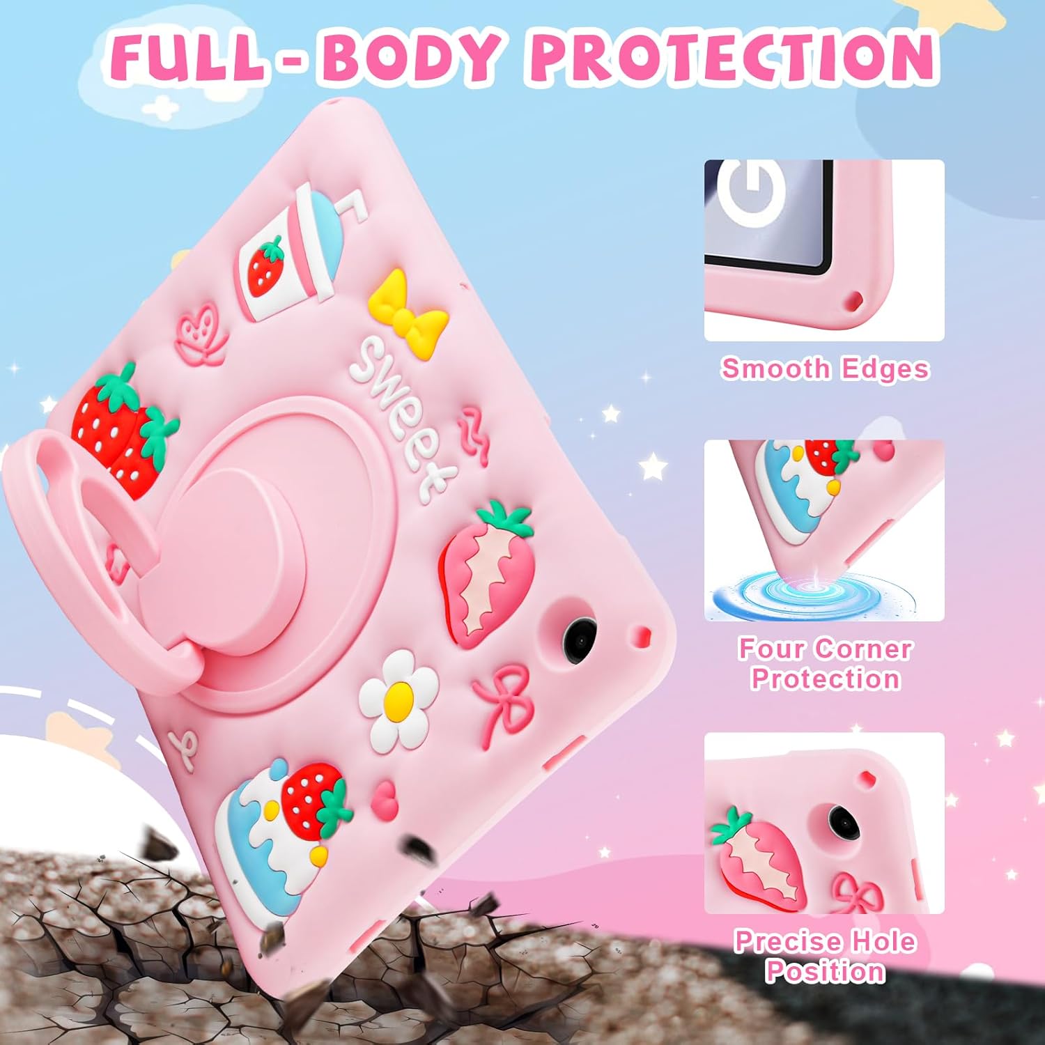 Husa Coolden pentru Samsung Galaxy Tab A9 Plus 11", din silicon moale, design 3D dragut cu capsuni si iaurt, rezistenta la socuri, cu suport rotativ si curea de umar, roz – ideala pentru fete