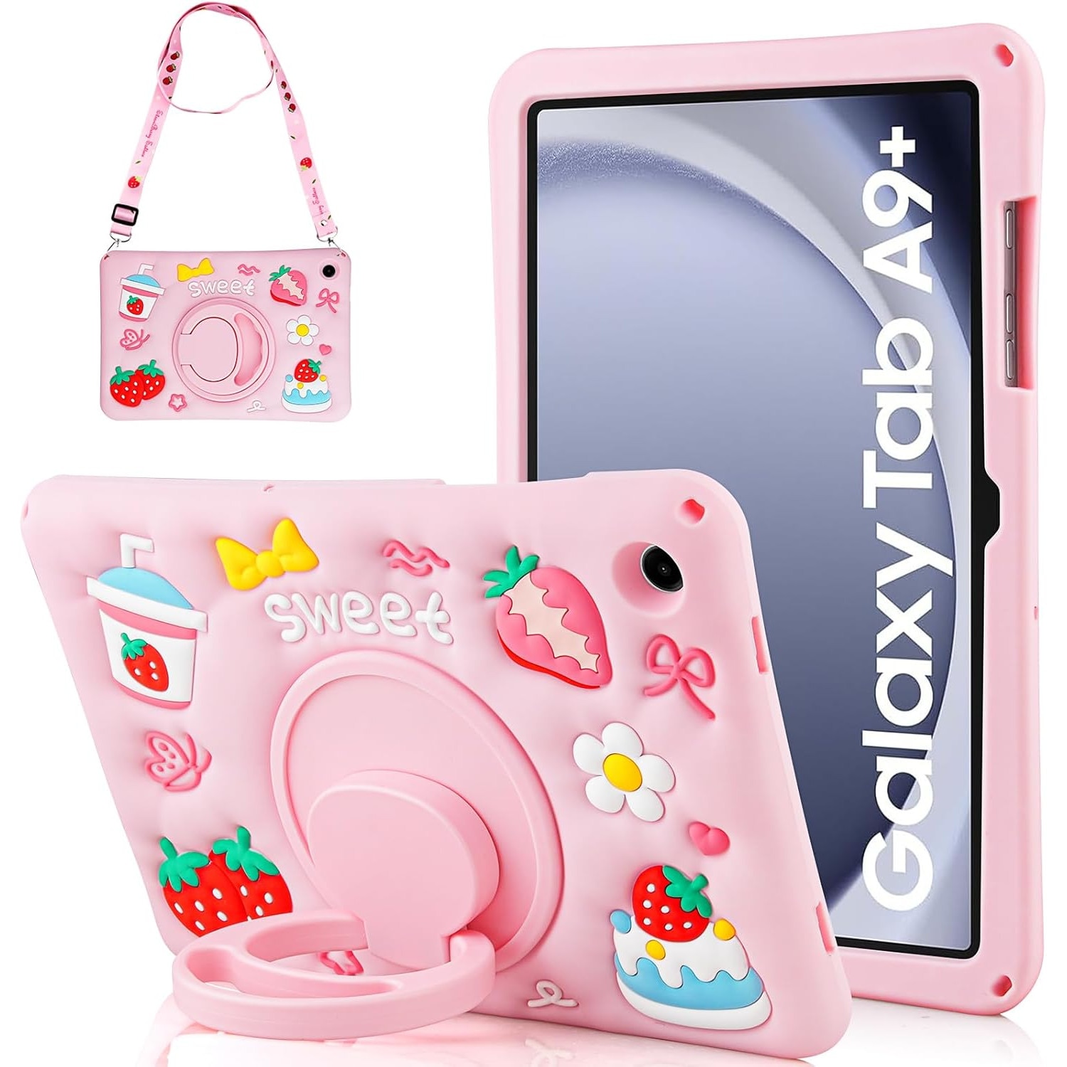 Husa Coolden pentru Samsung Galaxy Tab A9 Plus 11", din silicon moale, design 3D dragut cu capsuni si iaurt, rezistenta la socuri, cu suport rotativ si curea de umar, roz – ideala pentru fete