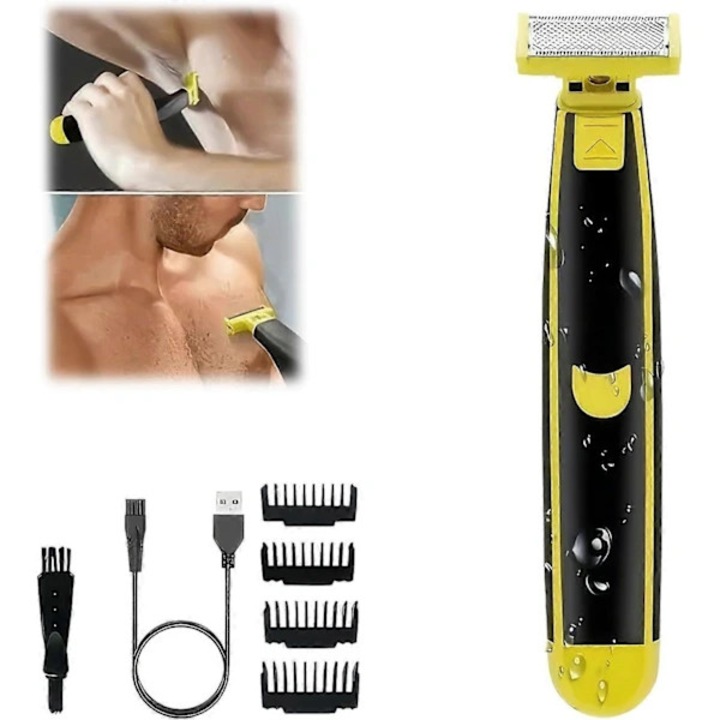 Aparat de ras intim, trimmer epilator electric usb reincarcabil pentru barbati, din abs, portabil, cu 4 piepteni si periuta de curatare, negru/galben