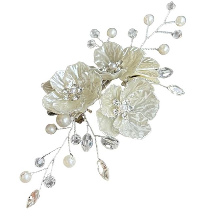Clama de par mireasa cu flori sidefate si cristale, 7x15 cm, accesoriu de par tip pieptene