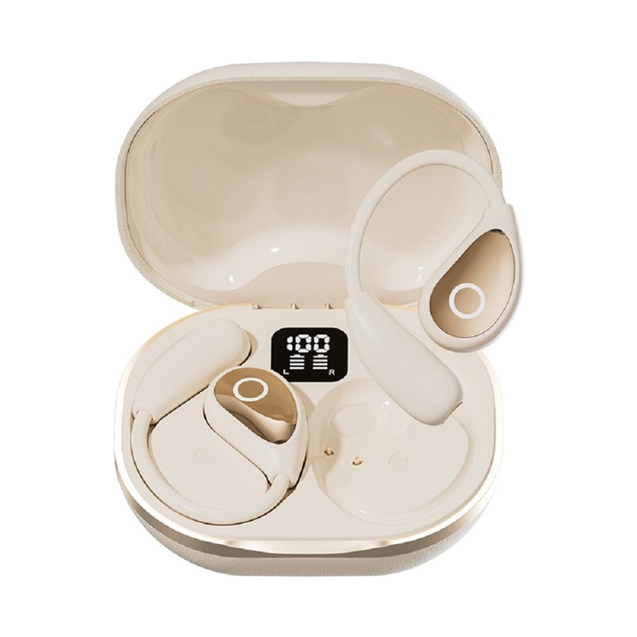 Спортни безжични слушалки M95, Bluetooth 5.4, за бягане, аудио, безжични, зад ухото, хендсфри микрофон, за телефон, USB Type-C, true wireless, универсални, устойчиви на пот, Бежови