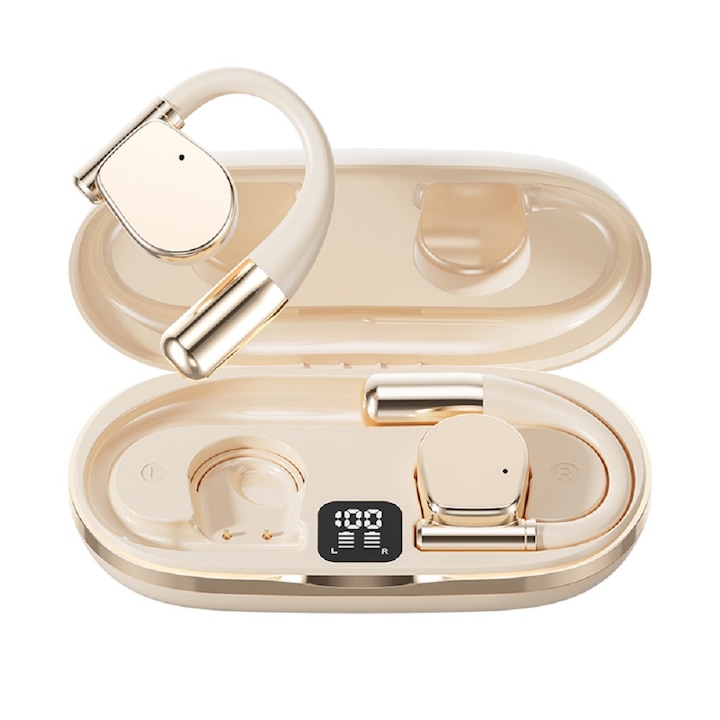 M111 Sport vezeték nélküli fejhallgató, Bluetooth 5.4, futáshoz, audio, vezeték nélküli, fül mögötti, kihangosító mikrofon, telefonhoz, USB Type-C, valódi vezeték nélküli, univerzális, izzadásálló, bézs