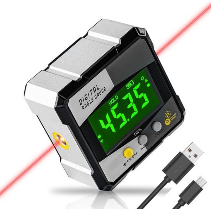Nivel digital unghiular magnetic, ecran LCD, rezistent la apa, incarcare Type-C, 360°