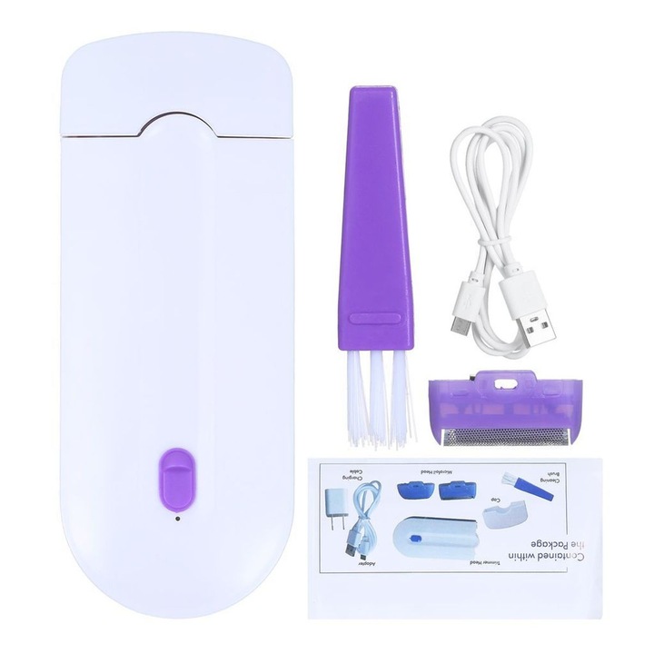 Epilator electric cu laser, alb si mov, set cu cap de taiere si cap de folie, 13x8.5x2.5cm