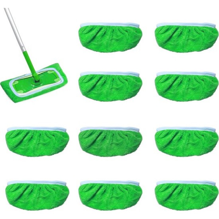 Lavete reutilizabile pentru mop plat, catifea coral, lavabile la masina pana la 100 de spalari, pentru uz umed si uscat, verde, set 10 buc., 25,4 x 11,5 cm fiecare
