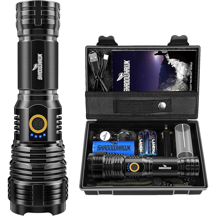 Lanterna tactica Shadowhawk LED, 10.000 lumeni, reincarcabila USB, impermeabila IP67, 5 moduri iluminare, aluminiu