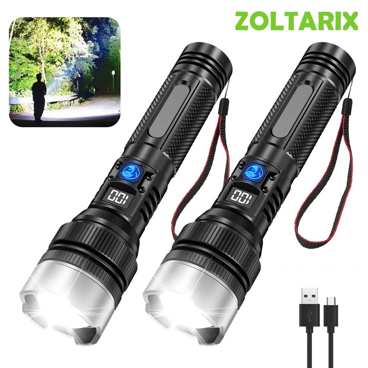 Пакет от 2 x LED фенер, ZOLTARIX, алуминиев, Ultra-Bright източник, 3 режима на мощност, професионален, регулируем фокус, водоустойчив, USB зареждане, LCD екран, за къмпинг, туризъм