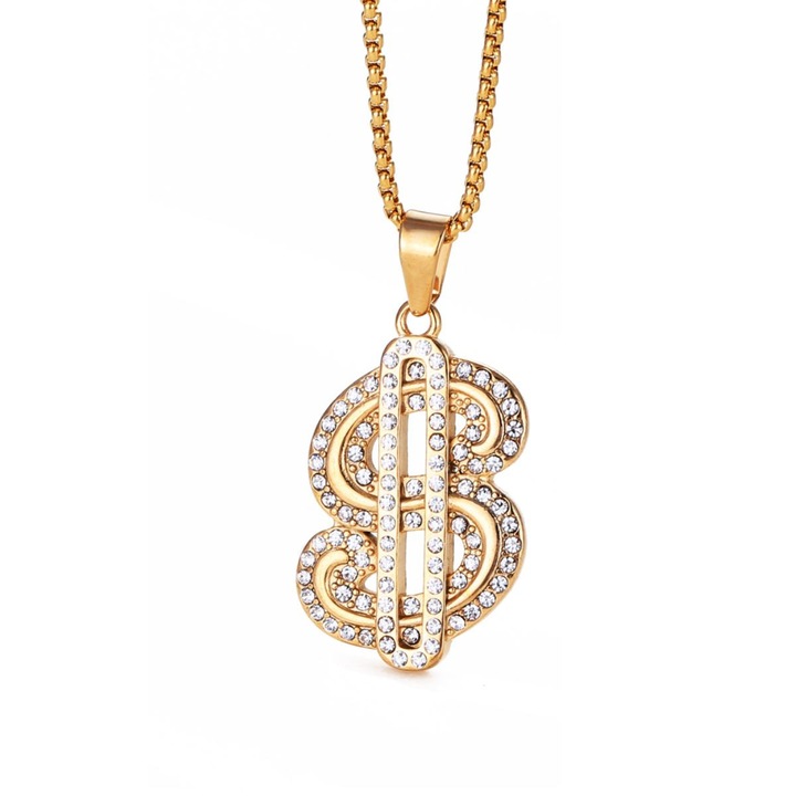 Lant cu pandantiv model Dollar, unisex, 22 inch, otel inoxidabil suflat cu aur