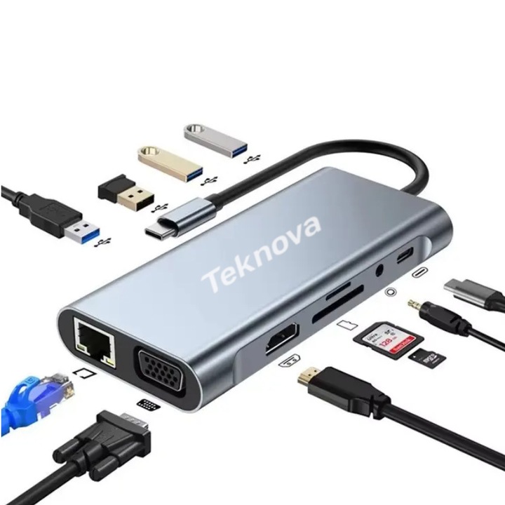 Docking Station Teknova USB-C 11-in-1 Multifunctional – HDMI 4K, USB 3.0, RJ45 Gigabit, SD/TF, Audio, Power Delivery cu alimentare prin trecere, Compatibil Laptop/PC/Tableta