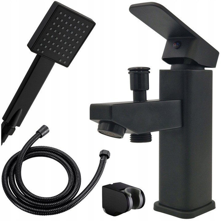 Baterie de cada montata pe blat neagra cu set de dus manual si furtun, finisaj negru mat