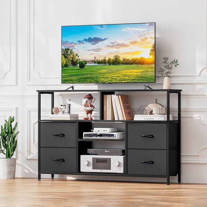 ТВ шкаф с място за съхранение Uptyia, медийна конзола с 4 текстилни чекмеджета, ТВ стойка за всекидневна и спалня, Черен