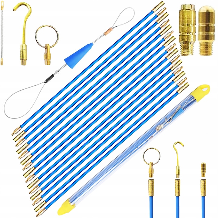 Set tija pentru tragerea cablurilor, Pixel, metal/fibra de sticla, 25 mm, 4mm, 10X1m, accesorii incluse, albastru/auriu