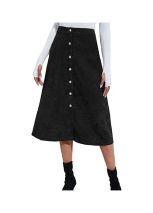 Fusta lunga GSEDAOX din catifea reiata, talie inalta, ajustata, neagra, poliester
