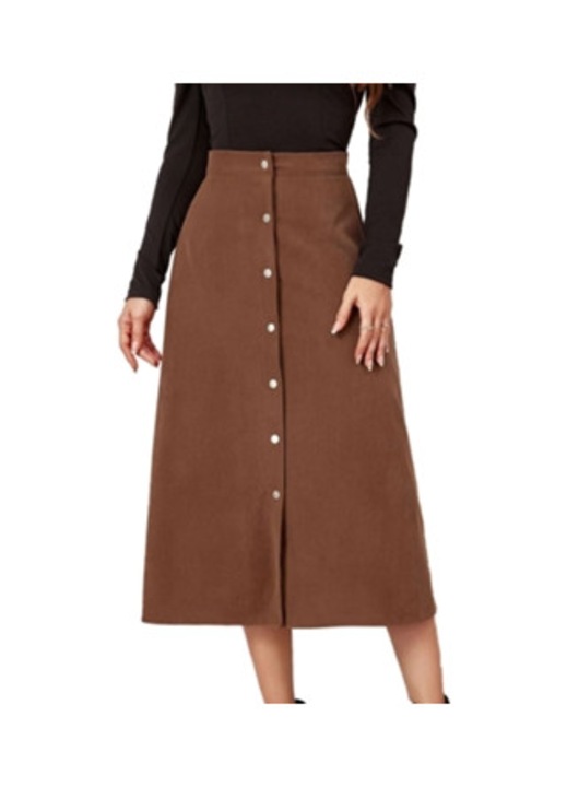 Fusta lunga GSEDAOX din catifea reiata, talie inalta, ajustata, culoare maro, poliester, M INTL