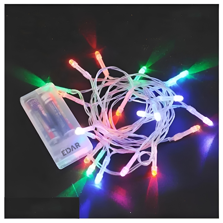 EDAR Lineáris Karácsonyi Fényfüzér Elemekkel, 1 Méter, 10 Színes LED, Átlátszó Kábel, 1 Világítási Mód